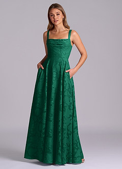 Azazie Shaude Bridesmaid Dresses Emerald A-Line Pleated Floral Burnout Dress image1