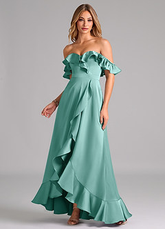 Azazie Lyra Jurken voor bruidsmeisjes Converteerbaar Jurk van Stretch Satijn met A-Lijn Off the Shoulder Aqua image1