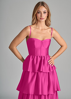 Azazie Faye Bridesmaid Dresses Fuchsia A-Line Ruched Stretch Satin Dress image2
