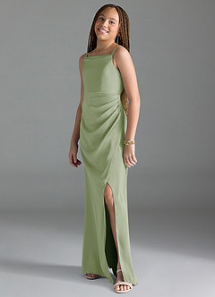 Azazie Leonis Junior Dusty Sage A-Line Pleated Stretch Satin Dress image4