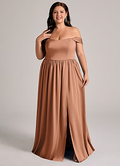 Azazie Calianna Abiti da Damigella Abito Convertibile A-Line in Raso Elasticizzato a Spalla Scoperta Bronzo image3