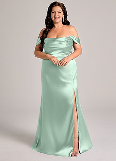 Azazie Saige Bridesmaid Dresses Agave Sheath Off the Shoulder Metallic Satin Convertible Dress image9