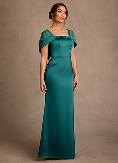 Azazie Henrieta Final Sale Peacock Sheath Lace Stretch Satin Dress image3