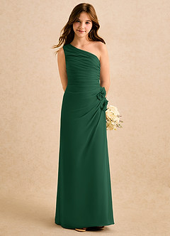 Azazie Sophie Girls Formal Robe Demoiselle D'honneur Fillette Robe Fourreau en Mousseline de soie Une épaule Vert Foncé image5