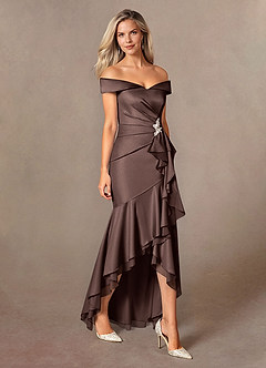 Azazie Billings Mother of the Bride Dresses Ganache Mermaid Off the Shoulder Stretch Satin Dress image5