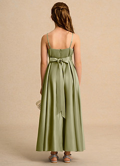 Azazie Pebbles Girls Formal Flower Girl Dresses Moss Green A-Line Pleated Matte Satin Dress image2