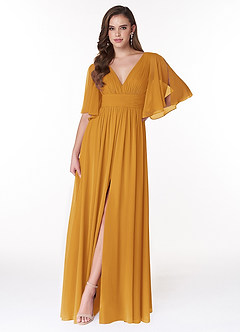 Azazie Temeka Brautjungfernkleider A-Linie Gestreift Chiffon Kleid Butterscotch image1