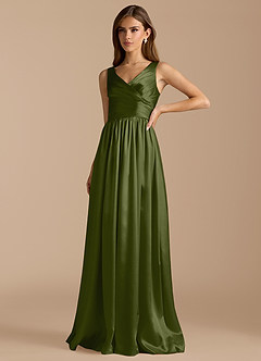Azazie Keyla Bridesmaid Dresses Olive A-Line Pleated Metallic Satin Dress image5