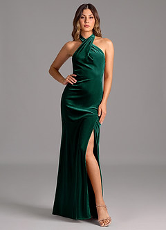 Azazie Drita Bridesmaid Dresses Emerald A-Line Pleated Velvet Dress image1