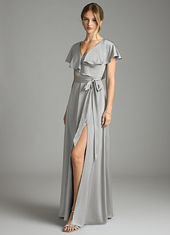 Azazie Lainey Bridesmaid Dresses Silver A-Line with Pockets Stretch Satin Dress image1