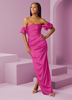 Barbie ♥ Azazie Bridesmaid Dresses Fuchsia Sheath Off the Shoulder Stretch Satin Convertible Dress image3