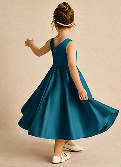 Azazie Hermia Blumenmädchenkleider A-Linie ärmellos Matte Satin Kleid Tintenblau image5