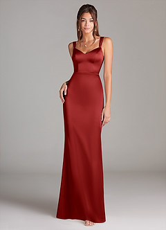 Azazie Denice Bridesmaid Dresses Pomegranate Sheath Pleated Stretch Satin Dress image3