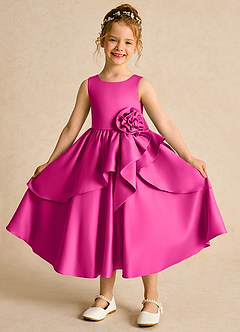Azazie Hermia Robe Demoiselle D'honneur Fillette Robe Trapèze en Mat Satiné Sans manches Fuchsia image1