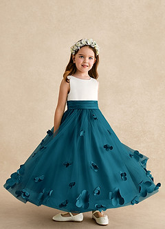 Azazie Vi Vestidos de florista Vestido Tinta Azul de Tule de Linha A com Sem mangas image8
