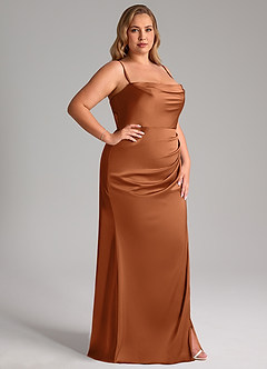 Azazie Leonis Vestidos de damas de honor Vestido de Cobre de Satén Elástico de Corte Sirena Convertible con Plisado image14