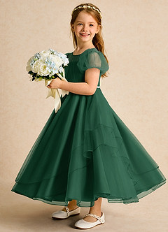 Azazie Duckie Flower Girl Dresses Dark Green Ball-Gown Pleated Tulle Dress image4