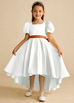 Azazie Zippy Flower Girl Dresses Ivory Copper A-Line with Sleeves Matte Satin Dress image2