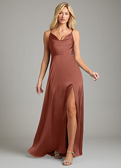 Azazie Sarella Vestidos de damas de honor Vestido de Castaño de Satén Elástico de Corte en A con Plisado image6