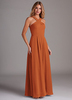 Azazie Dixie Bridesmaid Dresses Cinnamon A-Line Halter Pleated Chiffon Dress image4