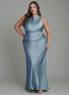 Azazie Evadne Bridesmaid Dresses Dusty Blue Sheath Pleated Stretch Satin Dress image7
