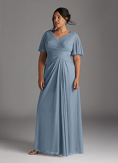 Azazie Emmeline Mother of the Bride Dresses Dusty Blue A-Line V-Neck Pleated Mesh Dress image7