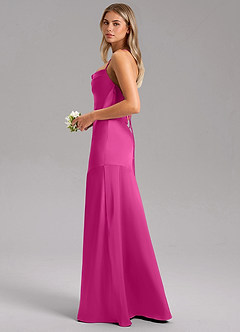 Azazie Grata Vestidos de damas de honor Vestido de Fucsia de Satén Elástico de Corte Recto con Corte Lateral image5