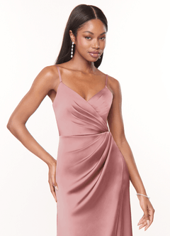 Azazie Maci Bridesmaid Dresses Dusty Rose A-Line V-Neck Pleated Stretch Satin Dress image5