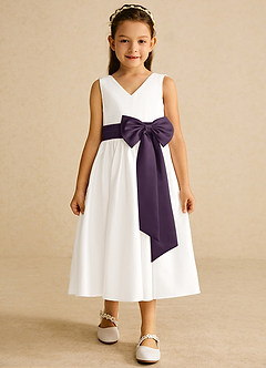 Azazie Darling Flower Girl Dresses Ivory Plum A-Line Bow Cotton Dress image4