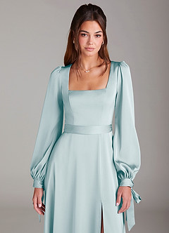 Azazie Leonia Bridesmaid Dresses Sea Glass A-Line Long Sleeve Stretch Satin Dress image6