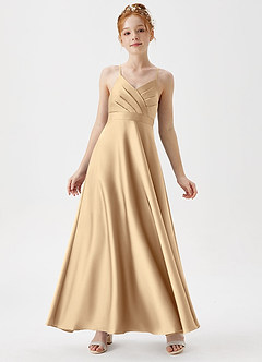 Azazie Avelina Junior Champagne A-Line Pleated Stretch Satin Dress image1