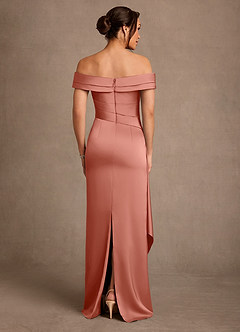 Azazie Beah Mother of the Bride Dresses Salmon Pink Sheath Off the Shoulder Stretch Satin Dress image3