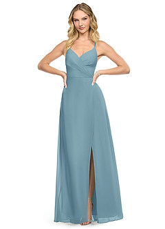 Azazie Davis Bridesmaid Dresses Moody Blue A-Line V-Neck Chiffon Dress image2