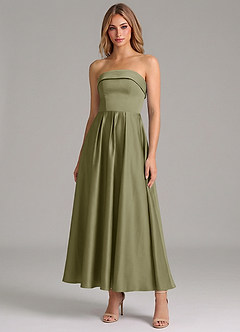 Azazie Lucienne 신부 들러리 드레스 A라인 주름진 스트레치 새틴 발목 길이 드레스 image1