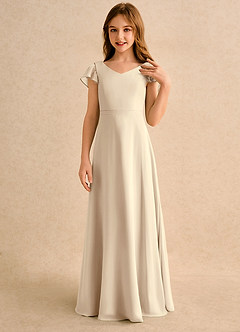 Azazie Nari Girls Formal Flower Girl Dresses Champagne A-Line with Sleeves Chiffon Dress image5