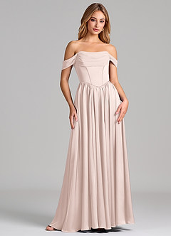 Azazie Raisa Bridesmaid Dresses Blushing Pink A-Line Off the Shoulder Stretch Satin Dress image4