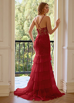 Nerissa Pink Robe de bal sirène à volants en tulle brodé de sequins et fente haute, col en V, style marin image2