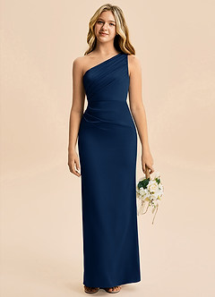 Azazie Akilah Junior Vestido Azul Marinho de Cetim elástico de Bainha com Plissado image1