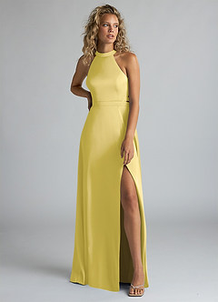 Azazie Clarice Brautjungfernkleider Eine Linie Hoher Kragen Stretch-Satin Kleid Kanarienvogel image5