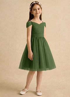 Azazie Lila Girls Formal Robe Demoiselle D'honneur Fillette Robe Trapèze en Tulle Épaule décolletée Olive image5