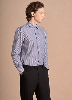 front Aiden White Navy Blue 100% Cotton Non-Iron Striped Dress Shirt