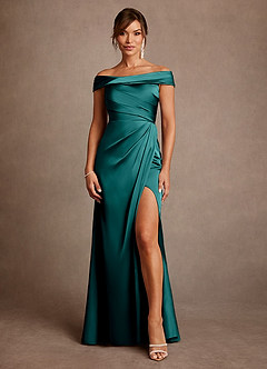 Azazie Bedford Mother of the Bride Dresses Peacock Sheath Pleated Stretch Satin Dress image1