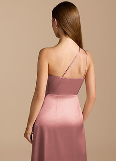 Azazie Trina Bridesmaid Dresses Dusty Rose A-Line One Shoulder Metallic Satin Dress image2