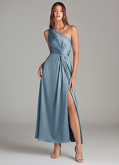 Azazie Brooke 신부 들러리 드레스 A라인 한쪽 어깨 스트레치 새틴 발목 길이 드레스 image1