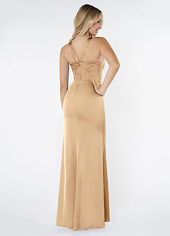 Azazie Mero Bridesmaid Dresses Champagne Sheath Pleated Stretch Satin Dress image3