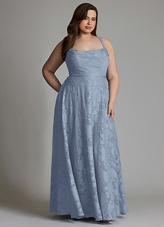 Azazie Shaude Bridesmaid Dresses Dusty Blue A-Line Pleated Floral Burnout Dress image13