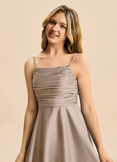 Azazie Miko Junior Taupe A-Line Pleated Stretch Satin Dress image8