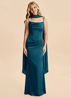 Azazie Sorrel Junior Ink Blue Mermaid Ruched Stretch Satin Dress image1