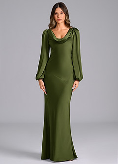 Azazie Rylina Bridesmaid Dresses Olive Mermaid Long Sleeve Stretch Satin Dress image1