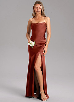 Azazie Grata Robes de demoiselle d'honneur Robe Fourreau en Satin extensible Fente Latérale Terracotta image1